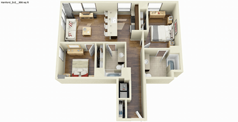 Floor plan for 2 beds, 2 baths, 1280 sqft